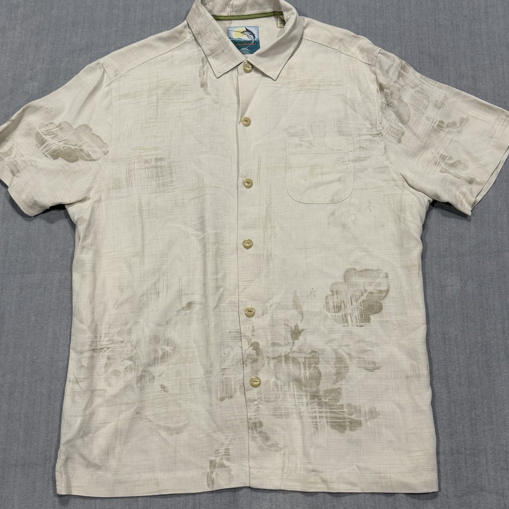 Tommy Bahama Island Modern Fit Button Up Shirt Mens Large 100% Silk Off White